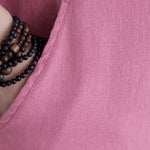 Buddha Stones Casual Daily Pure Color Button Design Short Sleeve Cotton Linen Midi Dress With Pockets