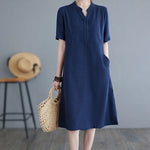 Buddha Stones Casual Daily Pure Color Button Design Short Sleeve Cotton Linen Midi Dress With Pockets