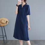 Buddha Stones Casual Daily Pure Color Button Design Short Sleeve Cotton Linen Midi Dress With Pockets