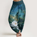 Buddha Stones Cotton Casual Lotus Starry Sky Clouds Pattern Women's Elastic Waist Harem Pants