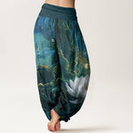 Buddha Stones Cotton Casual Lotus Starry Sky Clouds Pattern Women's Elastic Waist Harem Pants
