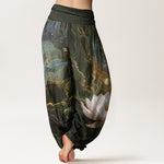 Buddha Stones Cotton Casual Lotus Starry Sky Clouds Pattern Women's Elastic Waist Harem Pants