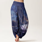 Buddha Stones Cotton Casual Lotus Starry Sky Clouds Pattern Women's Elastic Waist Harem Pants