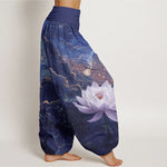 Buddha Stones Cotton Casual Lotus Starry Sky Clouds Pattern Women's Elastic Waist Harem Pants