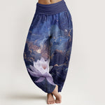Buddha Stones Cotton Casual Lotus Starry Sky Clouds Pattern Women's Elastic Waist Harem Pants