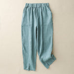 Buddha Stones Summer Solid Color Side Button Design Cotton Linen Women's Harem Pants With Pockets