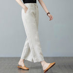 Buddha Stones Daily Solid Color Patchwork Simple Design Cotton Linen Women's Pants With Pockets