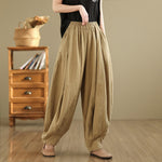 Buddha Stones Vintage Patchwork Lantern Design Cotton Linen Women's Wide Leg Pants With Pockets