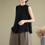Buddha Stones Casual Plain Back Buttom Design Stand Collar Cotton Linen Women's Sleeveless Vest