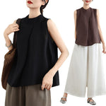 Buddha Stones Casual Plain Back Buttom Design Stand Collar Cotton Linen Women's Sleeveless Vest