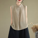 Buddha Stones Casual Plain Back Buttom Design Stand Collar Cotton Linen Women's Sleeveless Vest