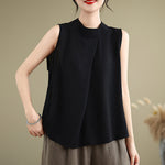 Buddha Stones Casual Plain Back Buttom Design Stand Collar Cotton Linen Women's Sleeveless Vest