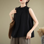 Buddha Stones Casual Plain Back Buttom Design Stand Collar Cotton Linen Women's Sleeveless Vest