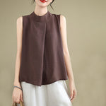 Buddha Stones Casual Plain Back Buttom Design Stand Collar Cotton Linen Women's Sleeveless Vest