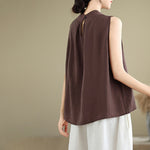 Buddha Stones Casual Plain Back Buttom Design Stand Collar Cotton Linen Women's Sleeveless Vest