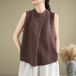 Buddha Stones Casual Plain Back Buttom Design Stand Collar Cotton Linen Women's Sleeveless Vest
