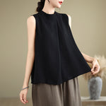 Buddha Stones Casual Plain Back Buttom Design Stand Collar Cotton Linen Women's Sleeveless Vest