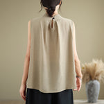 Buddha Stones Casual Plain Back Buttom Design Stand Collar Cotton Linen Women's Sleeveless Vest