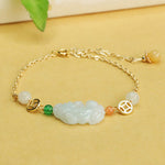 Buddha Stones Natural Jade PiXiu Carved Copper Coin Luck Chain Bracelet
