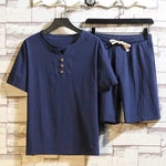 Buddha Stones 2Pcs Short Sleeve T-Shirt Drawstring Short Pants With Pockets Men's Cotton Linen Meditation Cloth Set