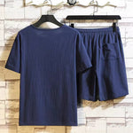 Buddha Stones 2Pcs Short Sleeve T-Shirt Drawstring Short Pants With Pockets Men's Cotton Linen Meditation Cloth Set