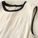 Buddha Stones Casual Stitching Color Handmade Button Design Midi Dress Polyester Sleeveless Dress With Pockets