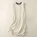 Buddha Stones Casual Stitching Color Handmade Button Design Midi Dress Polyester Sleeveless Dress With Pockets