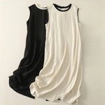 Buddha Stones Casual Stitching Color Handmade Button Design Midi Dress Polyester Sleeveless Dress With Pockets