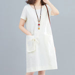 Buddha Stones Summer Casual Plain Lace-Up Design Crew Neck Short Sleeve Cotton Linen Midi Dress With Pockets
