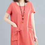 Buddha Stones Summer Casual Plain Lace-Up Design Crew Neck Short Sleeve Cotton Linen Midi Dress With Pockets
