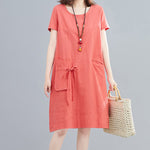 Buddha Stones Summer Casual Plain Lace-Up Design Crew Neck Short Sleeve Cotton Linen Midi Dress With Pockets