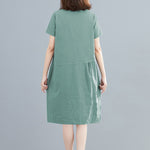 Buddha Stones Summer Casual Plain Lace-Up Design Crew Neck Short Sleeve Cotton Linen Midi Dress With Pockets