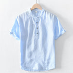 Buddha Stones Solid Color Half Button Design Stand Collar Men's Short Sleeve Cotton Linen Shirt