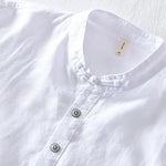 Buddha Stones Solid Color Half Button Design Stand Collar Men's Short Sleeve Cotton Linen Shirt