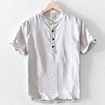 Buddha Stones Solid Color Half Button Design Stand Collar Men's Short Sleeve Cotton Linen Shirt