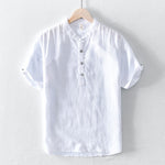 Buddha Stones Solid Color Half Button Design Stand Collar Men's Short Sleeve Cotton Linen Shirt