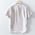 Buddha Stones Solid Color Half Button Design Stand Collar Men's Short Sleeve Cotton Linen Shirt