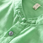 Buddha Stones Solid Color Half Button Design Stand Collar Men's Short Sleeve Cotton Linen Shirt