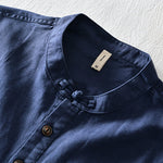Buddha Stones Solid Color Half Button Design Stand Collar Men's Short Sleeve Cotton Linen Shirt