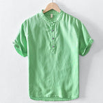 Buddha Stones Solid Color Half Button Design Stand Collar Men's Short Sleeve Cotton Linen Shirt