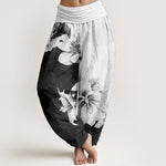 Buddha Stones Pure Cotton Camellia Pattern Women's Elastic Waist Harem Pants