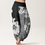 Buddha Stones Pure Cotton Camellia Pattern Women's Elastic Waist Harem Pants