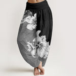 Buddha Stones Pure Cotton Camellia Pattern Women's Elastic Waist Harem Pants