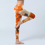 Buddha Stones Red-Crowned Crane Cherry Blossom Lotus Flower Pattern Print Gym Leggings Women's Yoga Pants