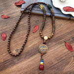 Buddha Stones Tibetan Handmade Coconut Shell Schima Wood Great Bright Mantra Copper Bead Balance Necklace Pendant