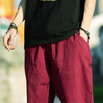 Buddha Stones Summer Plain Pleat Design Drawstring Men's 7-8 Length Pants With Pockets