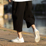 Buddha Stones Summer Plain Pleat Design Drawstring Men's 7-8 Length Pants With Pockets