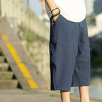 Buddha Stones Summer Plain Pleat Design Drawstring Men's 7-8 Length Pants With Pockets