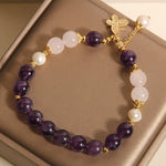 Buddha Stones Natural Amethyst Pearl Crystal Spiritual Healing Butterfly Charm Bracelet