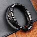 Buddha Stones Frosted Stone Multi-layer Leather Titanium Steel Balance Buckle Bracelet